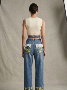 Women’s Blue Lemon Print Wide Leg Upcycled Jeans OOAK Handmade RARE Couture